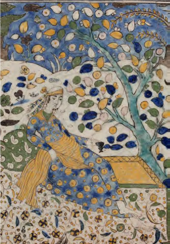 Iran, Carreau de revêtement avec personnages dans un jardin, 19e siècle, céramique peinte